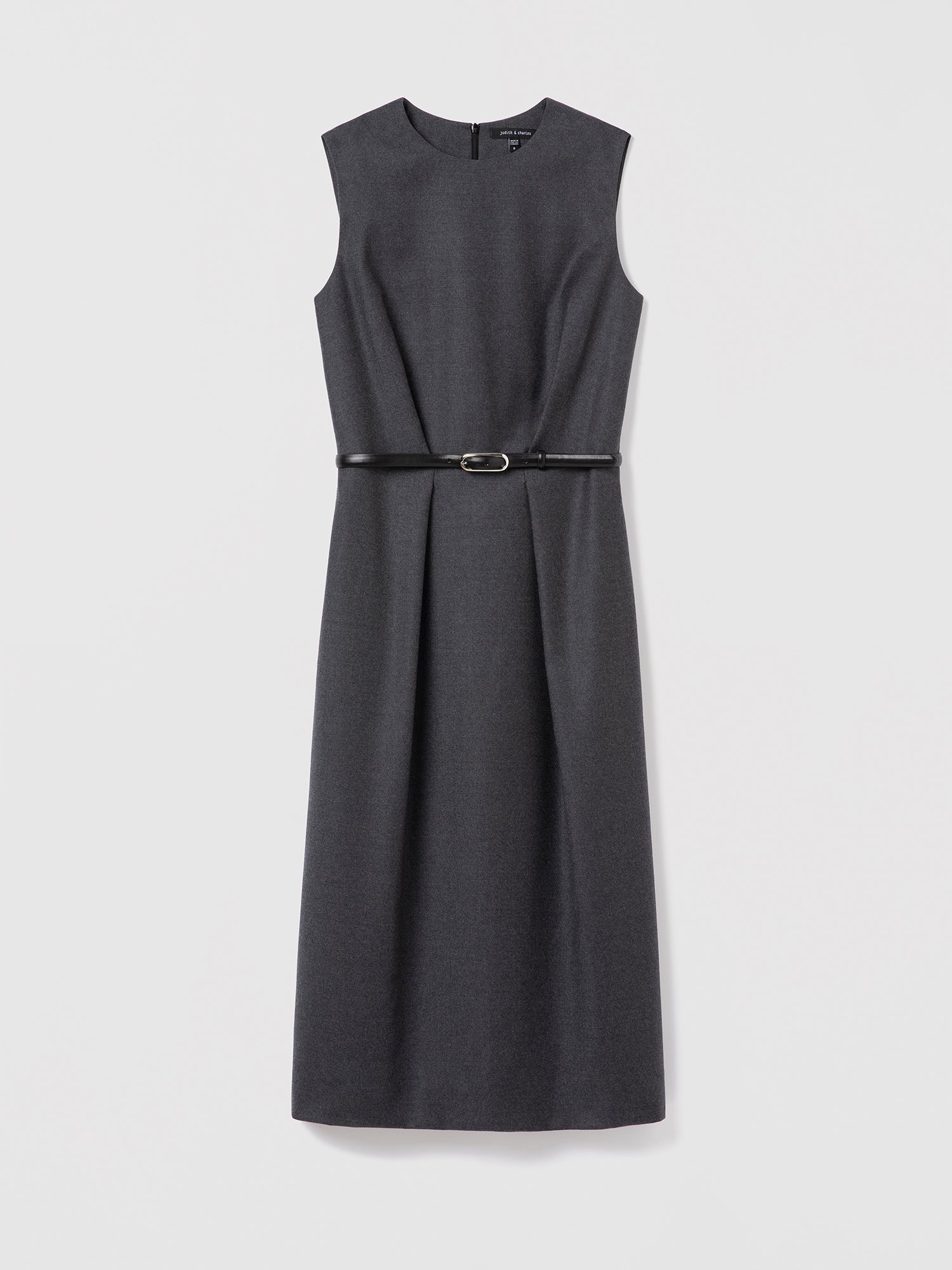 Dark Grey Melange sleeveless wool dress with crew neck, leather belt, and back slit — Judith & Charles.