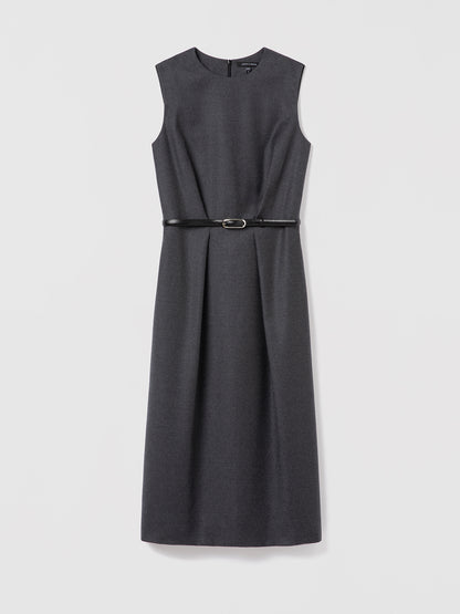 Dark Grey Melange sleeveless wool dress with crew neck, leather belt, and back slit — Judith & Charles.
