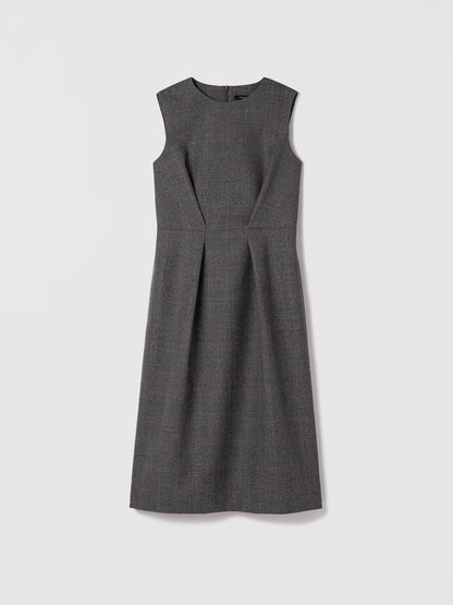 Grey sleeveless wool dress with crew neck, leather belt, and back slit — Judith & Charles.