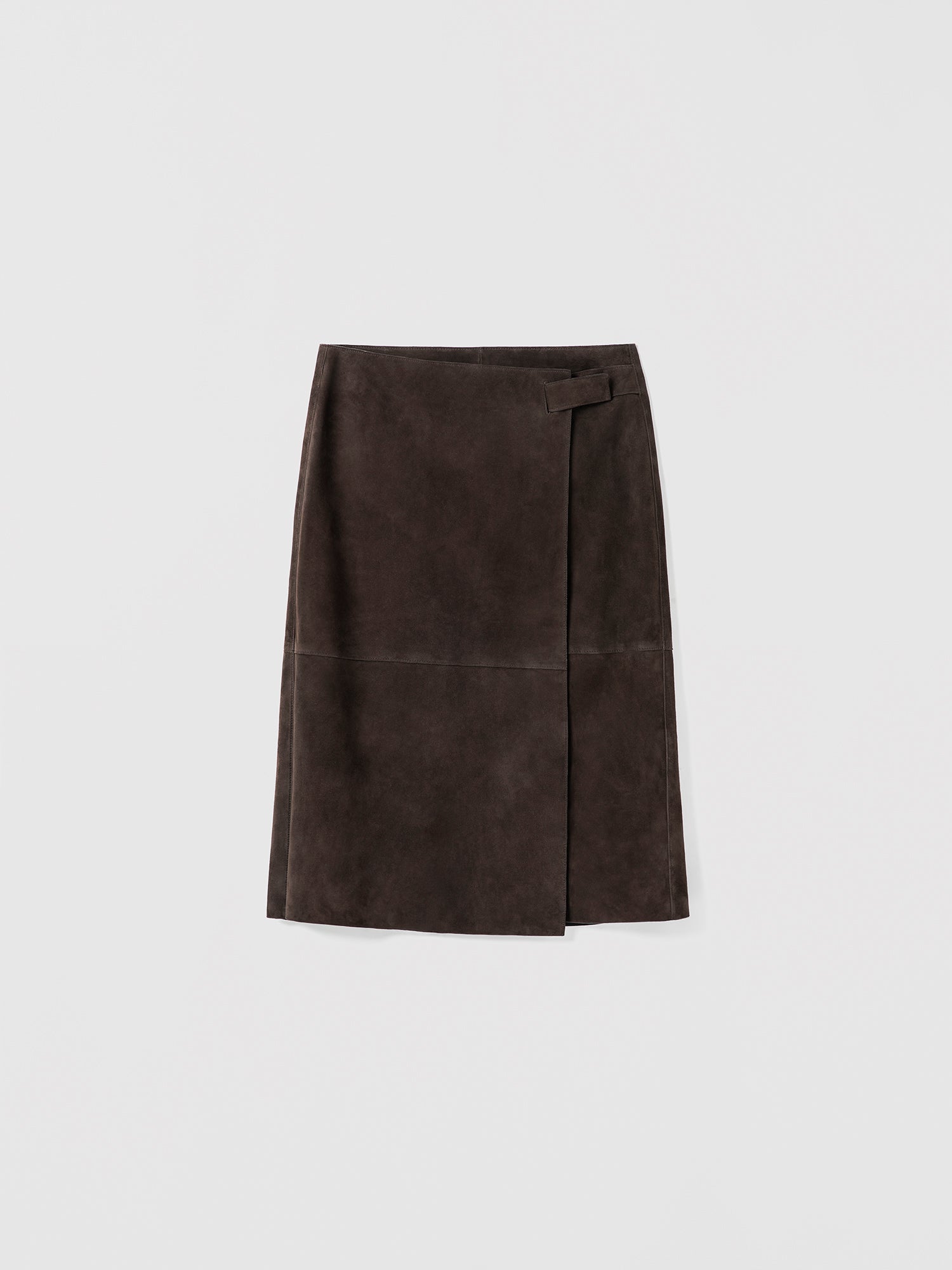 Flat lay of mid-rise wrap skirt in 100% chocolate suede, unlined and made in Turkey