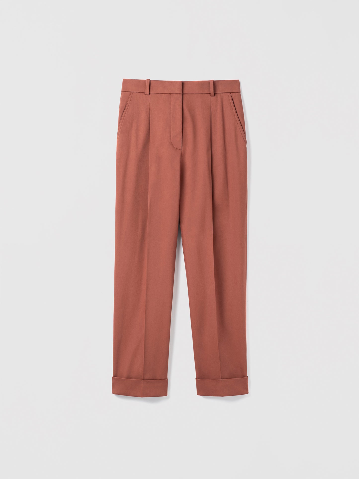 Terracotta pants on a light gray background