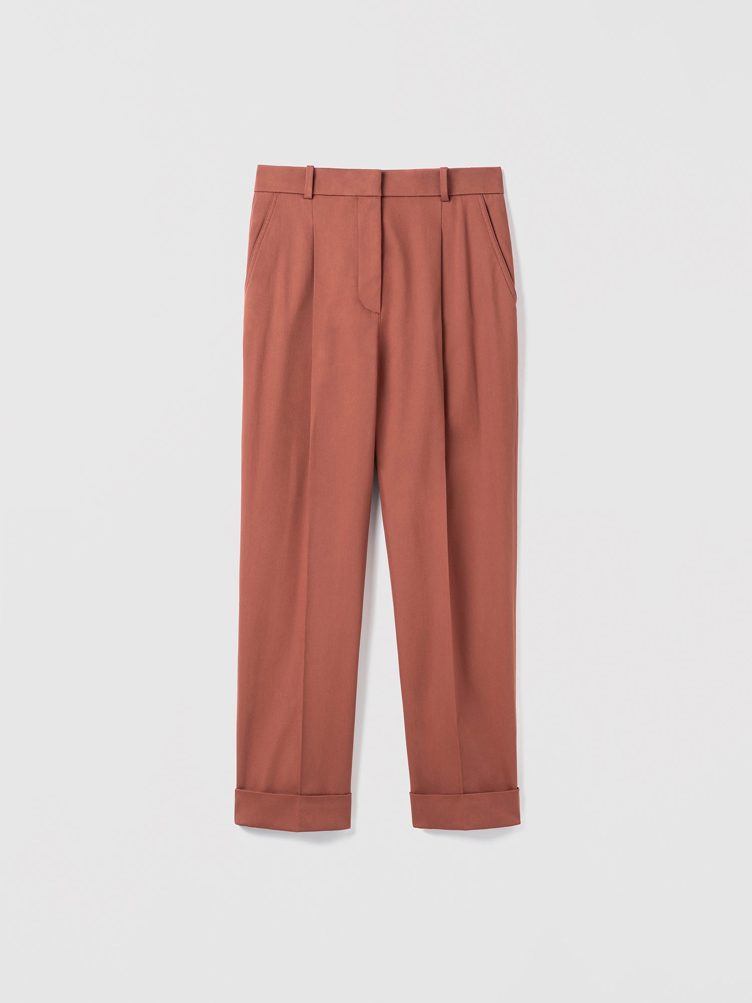 Terracotta pants on a light gray background