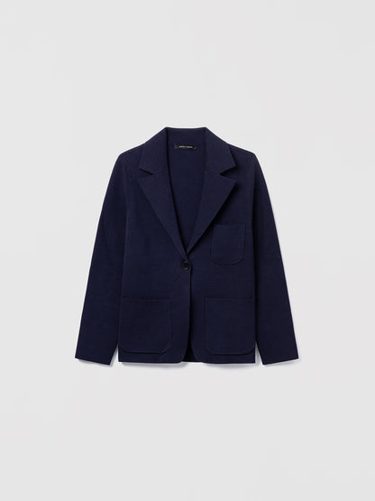 Judith and Charles navy Atticus Jacket – Semi-fitted, one-button knit jacket in 100% mercerized cotton with notch lapel, patch pockets, chest pocket, and 24.5″ back length; made from Italian fabric.