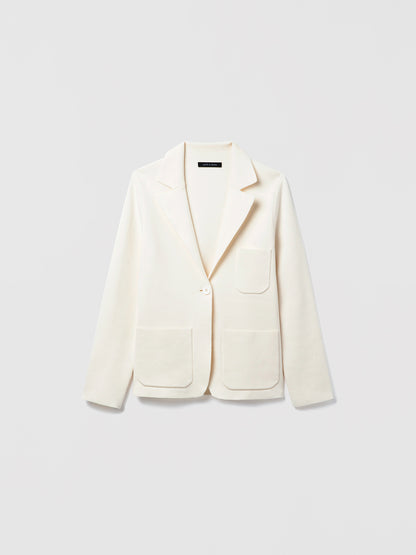 Judith and Charles Off-White Atticus Jacket – Semi-fitted, one-button knit jacket in 100% mercerized cotton with notch lapel, patch pockets, chest pocket, and 24.5″ back length; made from Italian fabric.