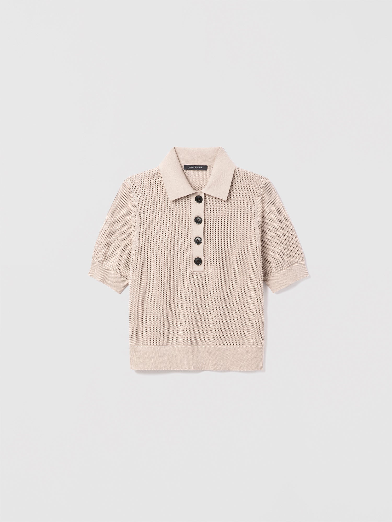 Judith and Charles Short Sleeve Polo in Sand Mesh Cotton with Easy Fit, 1/2 Placket Button Closure, True-to-Size, 100% Mercerized Cotton, Unlined, Made in Italy – 19” Back Length.