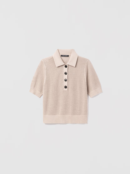 Judith and Charles Short Sleeve Polo in Sand Mesh Cotton with Easy Fit, 1/2 Placket Button Closure, True-to-Size, 100% Mercerized Cotton, Unlined, Made in Italy – 19” Back Length.