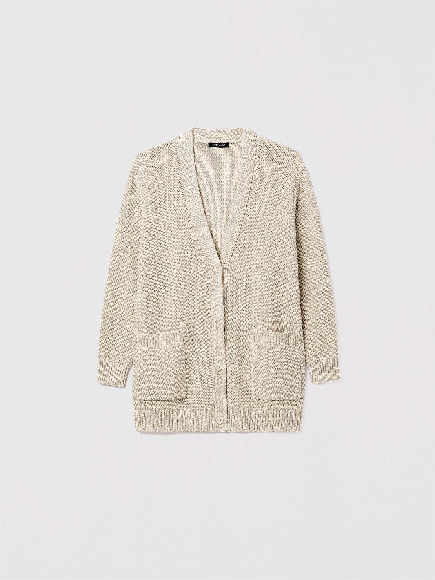 Judith and Charles Axis Cardigan in color natural – long, relaxed-fit cardigan in textured linen-cotton (55% linen, 45% cotton) with a button-front closure.