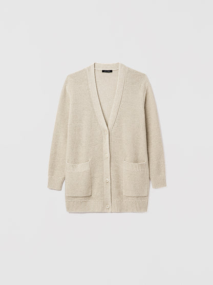 Judith and Charles Axis Cardigan in color natural – long, relaxed-fit cardigan in textured linen-cotton (55% linen, 45% cotton) with a button-front closure.