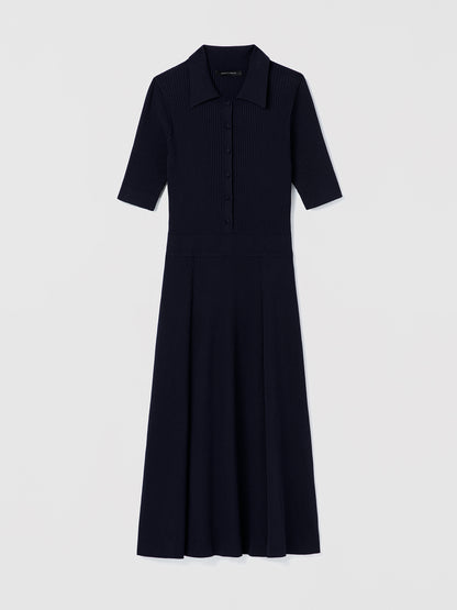 Judith and Charles Navy Bates Dress – short-sleeve ribbed polo dress with spread collar, self-covered button-front, and A-line silhouette; 45″ back length 