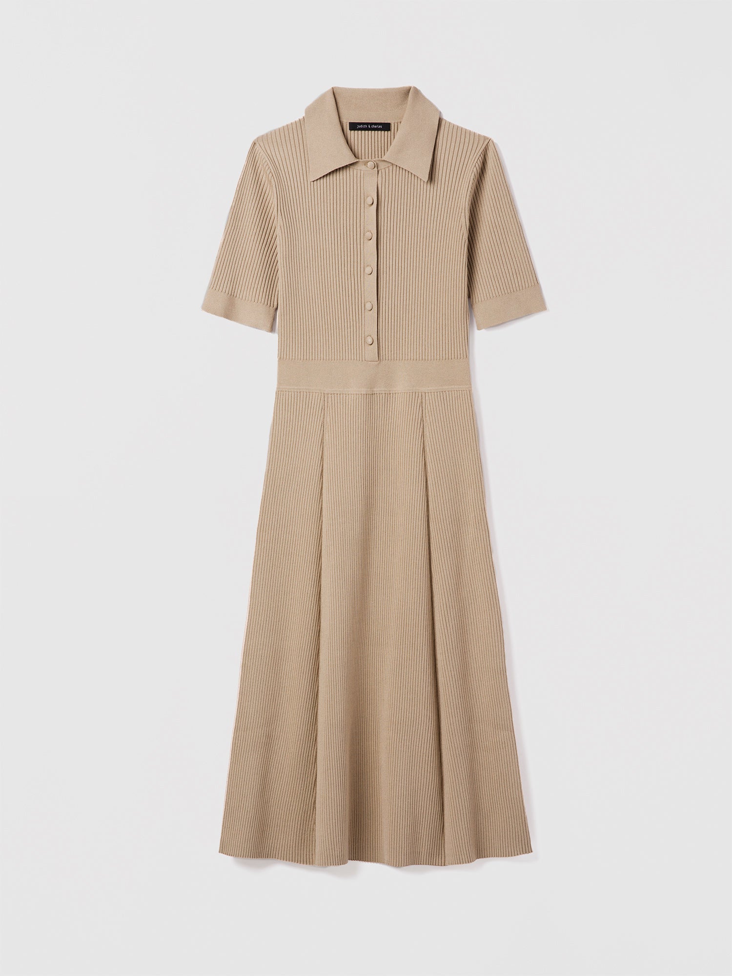 Judith and Charles Bates Dress in color Sand – short-sleeve ribbed polo dress with spread collar, self-covered button-front, and A-line silhouette; 45″ back length 