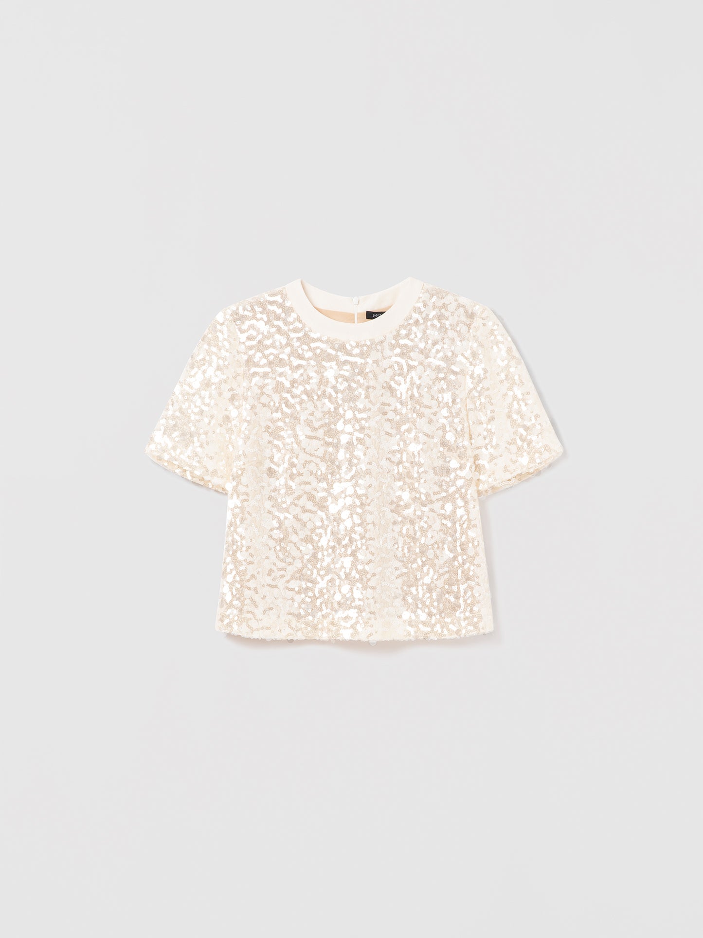 Oyster short sleeve crew neck top with modern sequins and matte satin trim at neck 