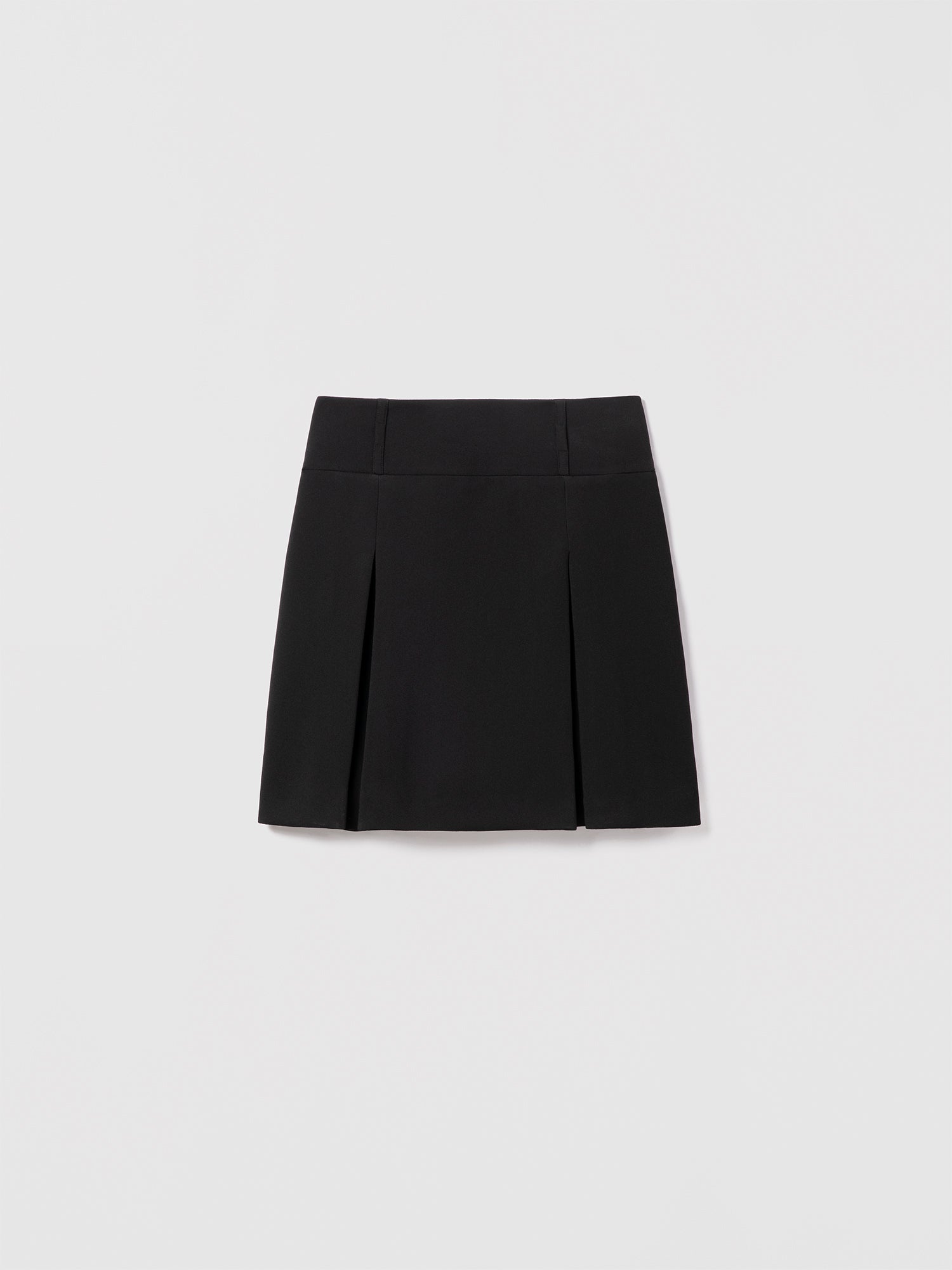 Judith and Charles Brandi Skirt – Short, black full skirt in stretch crepe with a mid-rise silhouette, featuring an invisible back zipper and belt loops, fully lined in acetate/polyester blend, Made in Canada from Japanese fabric, 19" back length (Style 600-2527).