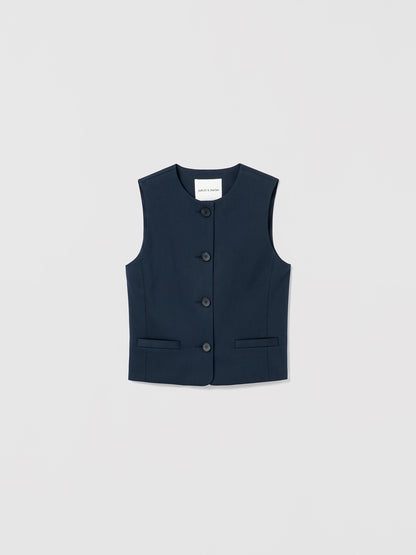 Navy blue vest with buttons on a light gray background
