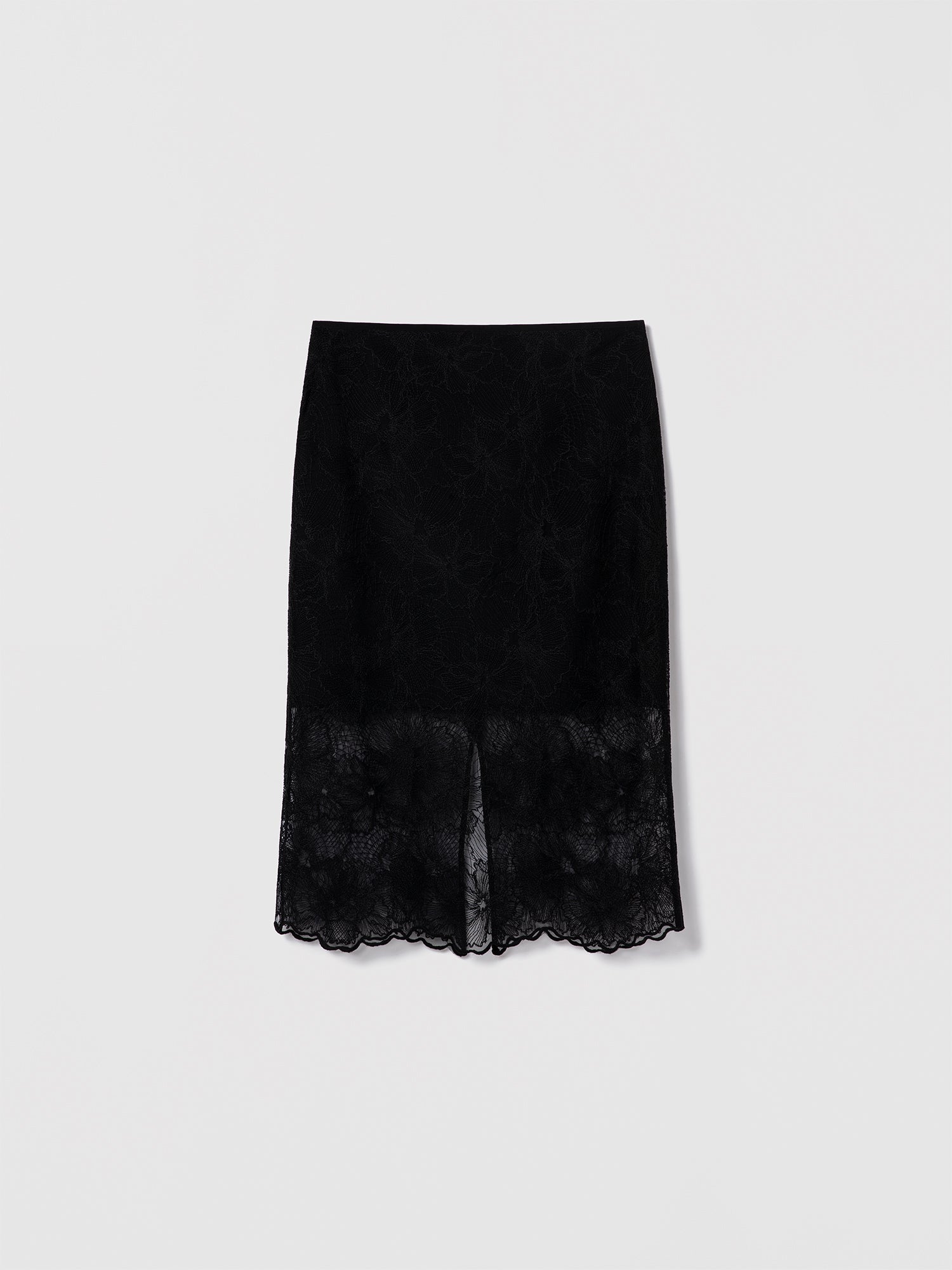 Black lace skirt by Judith & Charles featuring a scalloped hem, back slit, clean waistband, and invisible back zipper; fully lined in 100% silk.