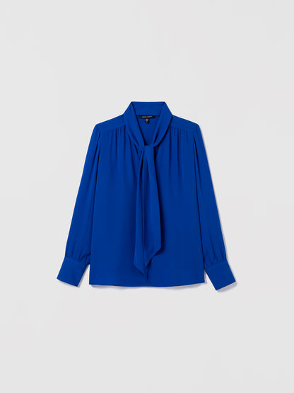 Blue blouse with a tie neckline on a light gray background