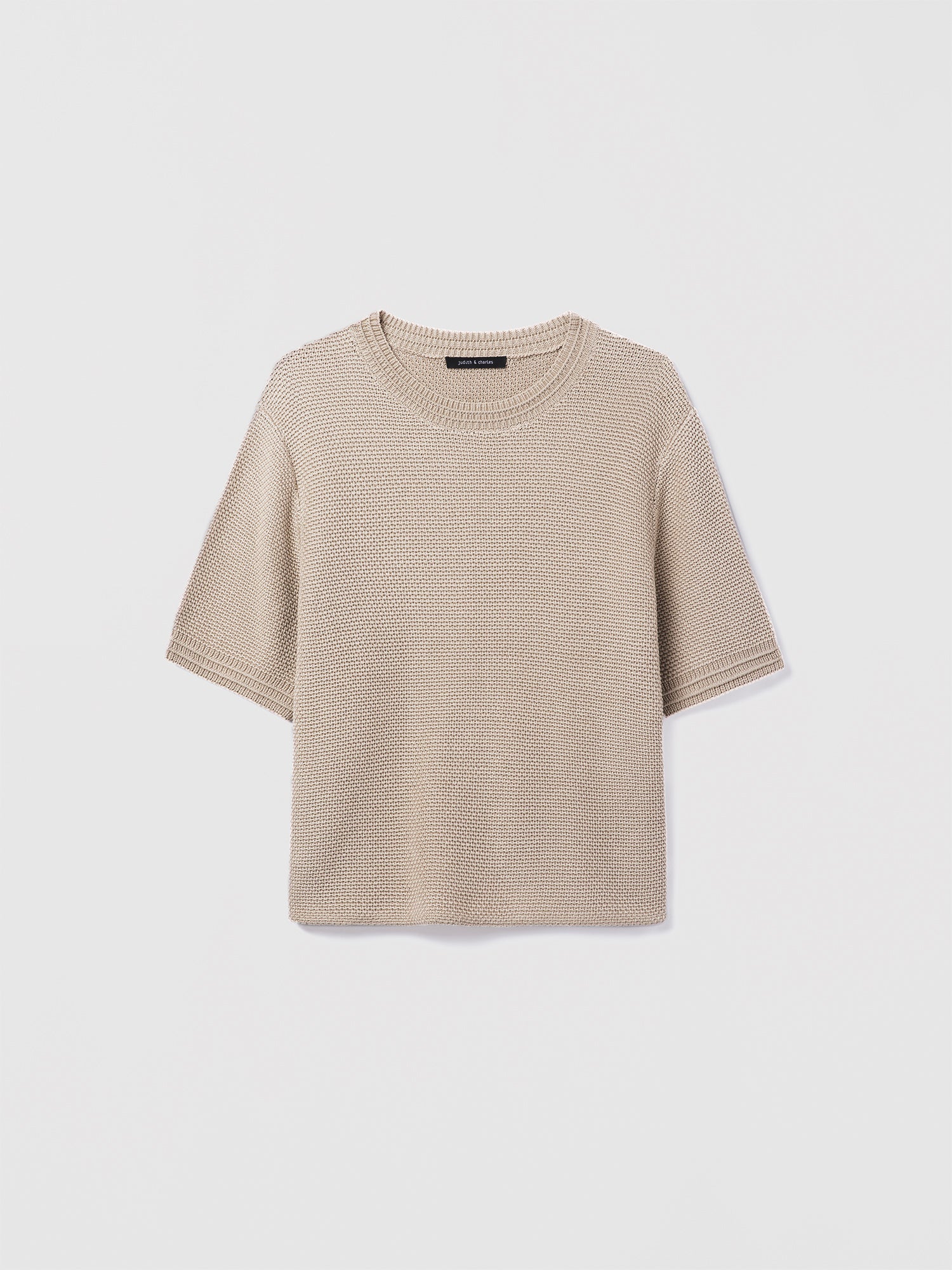 Judith and Charles sand Cedric Pullover – short-sleeve crew-neck sweater in mercerized cotton with an easy fit and 23.5″ back length; made in Italy 