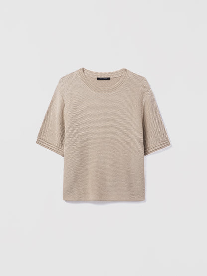 Judith and Charles sand Cedric Pullover – short-sleeve crew-neck sweater in mercerized cotton with an easy fit and 23.5″ back length; made in Italy 