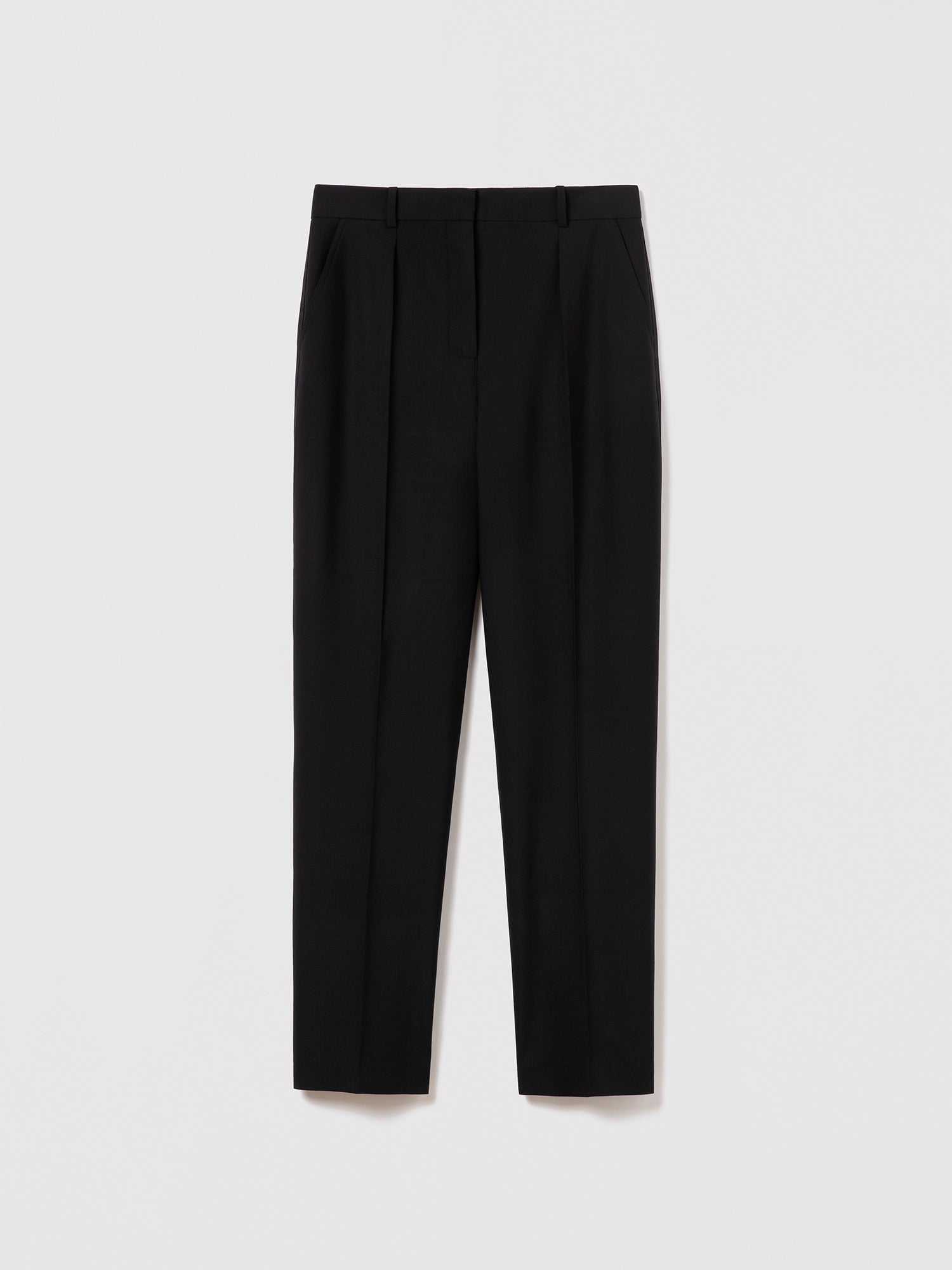Judith and Charles straight-leg pleated wool pants in black with slash and back welt pockets, hook-and-eye closure, and belt loops