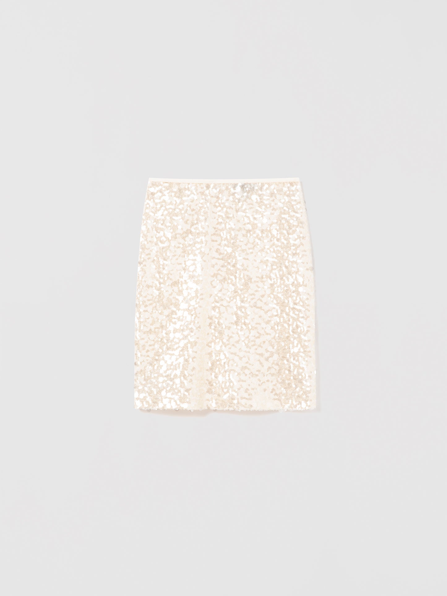 Oyster straight sequin skirt with clean waist and back slit, displayed flat, from Judith and Charles