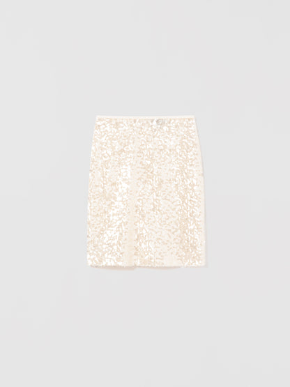 Oyster straight sequin skirt with clean waist and back slit, displayed flat, from Judith and Charles