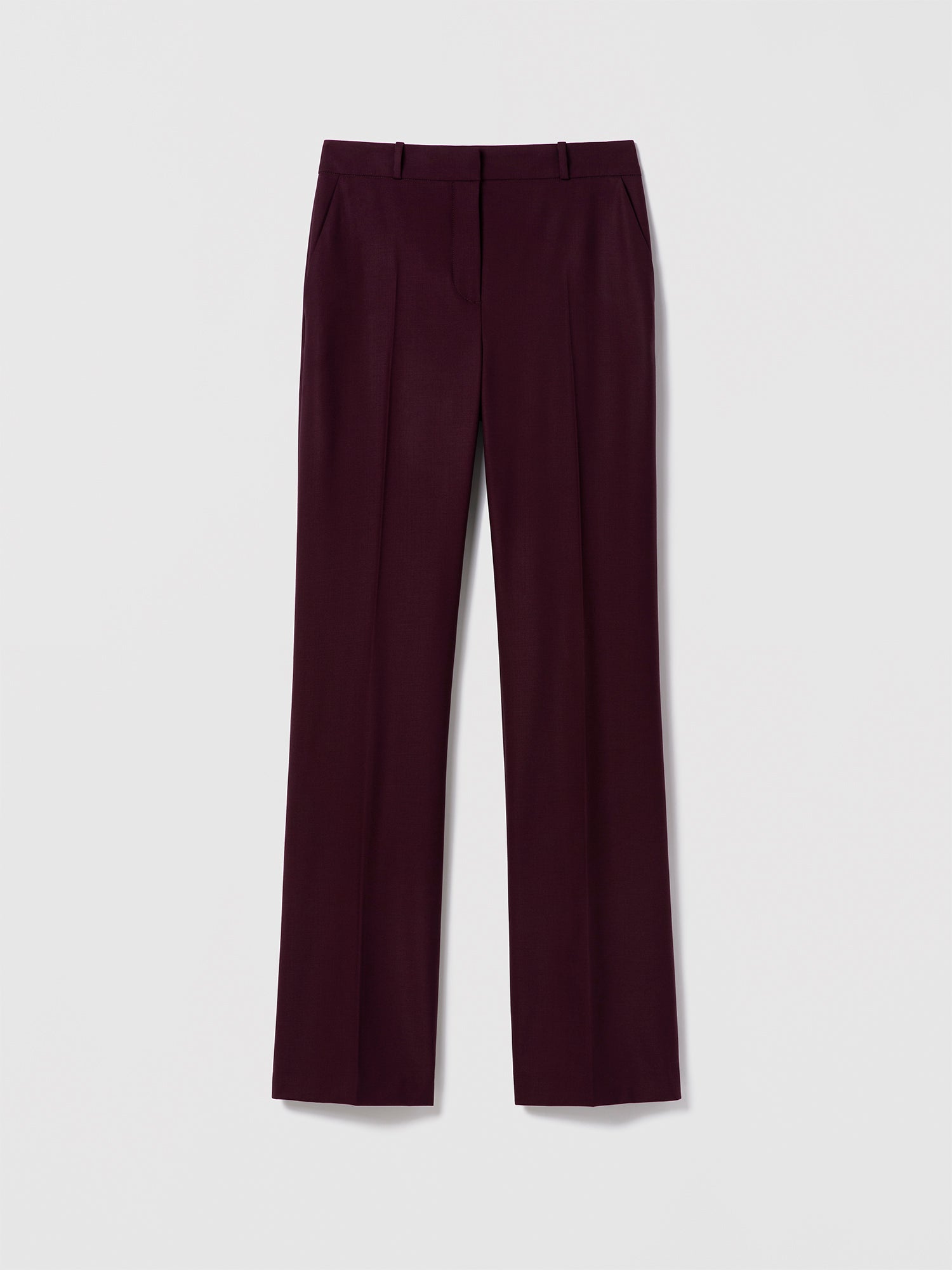 Dark-cherry straight-leg wool-blend pants with slash pockets, back welt pockets, belt loops and a zip fly —Judith & Charles.