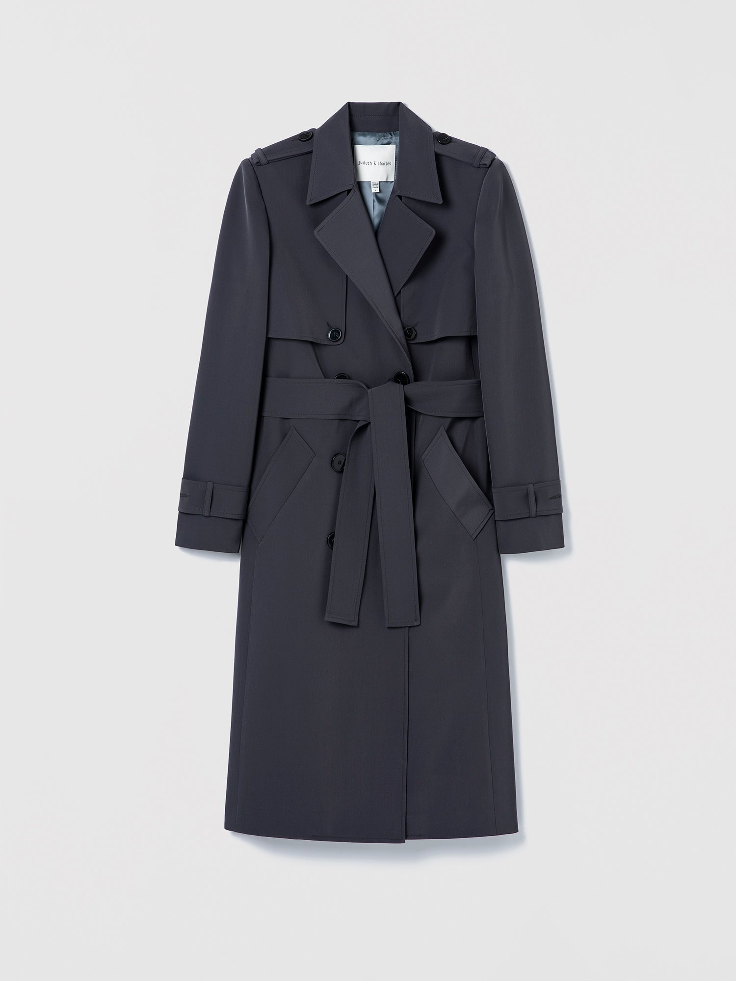 Dark gray trench coat on a light gray background