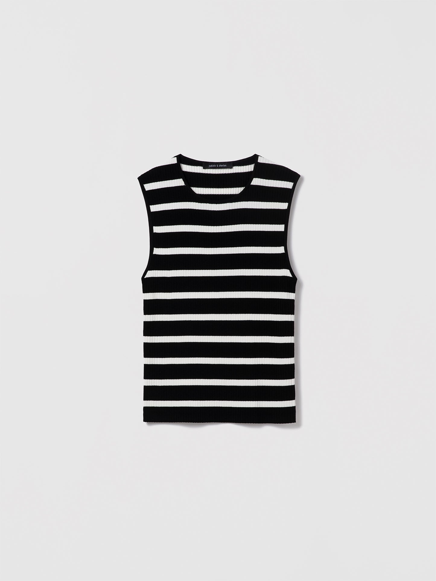 Judith and Charles black and white stripe Como Pullover – fitted, sleeveless tank in ribbed compact yarn with mock neck, unlined, true-to-size; made in Italy, 21" back length 