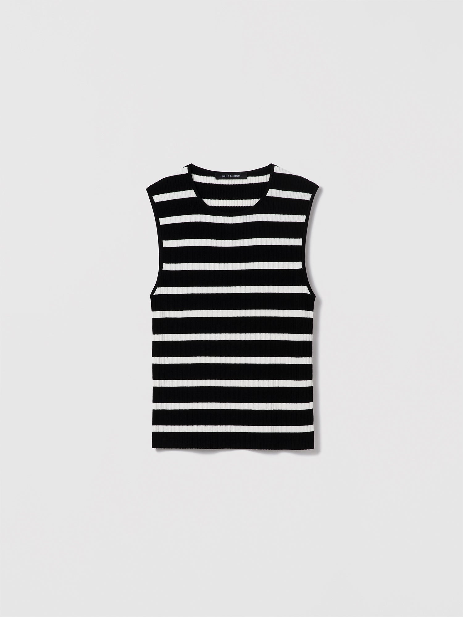 Judith and Charles black and white stripe Como Pullover – fitted, sleeveless tank in ribbed compact yarn with mock neck, unlined, true-to-size; made in Italy, 21" back length 
