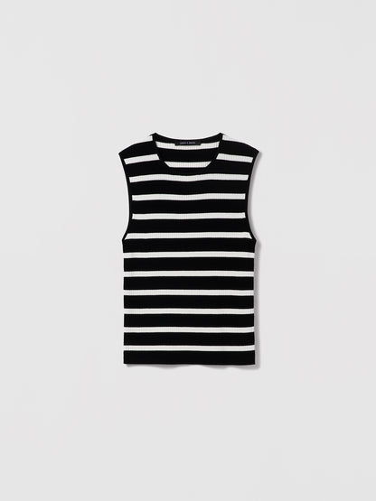 Judith and Charles black and white stripe Como Pullover – fitted, sleeveless tank in ribbed compact yarn with mock neck, unlined, true-to-size; made in Italy, 21" back length 