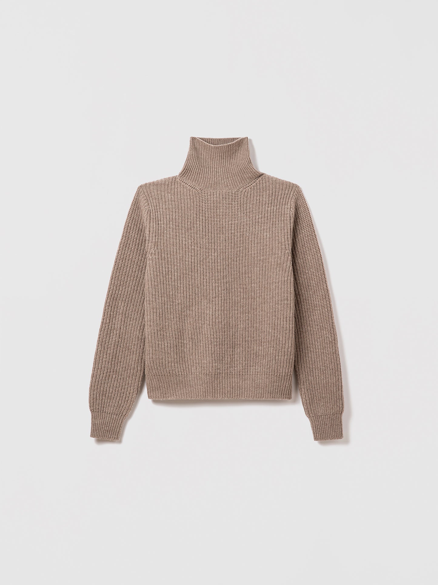 Taupe Corey turtleneck sweater by Judith & Charles, made from 70% wool and 30% cashmere, fisherman rib knit, style number 280-4156