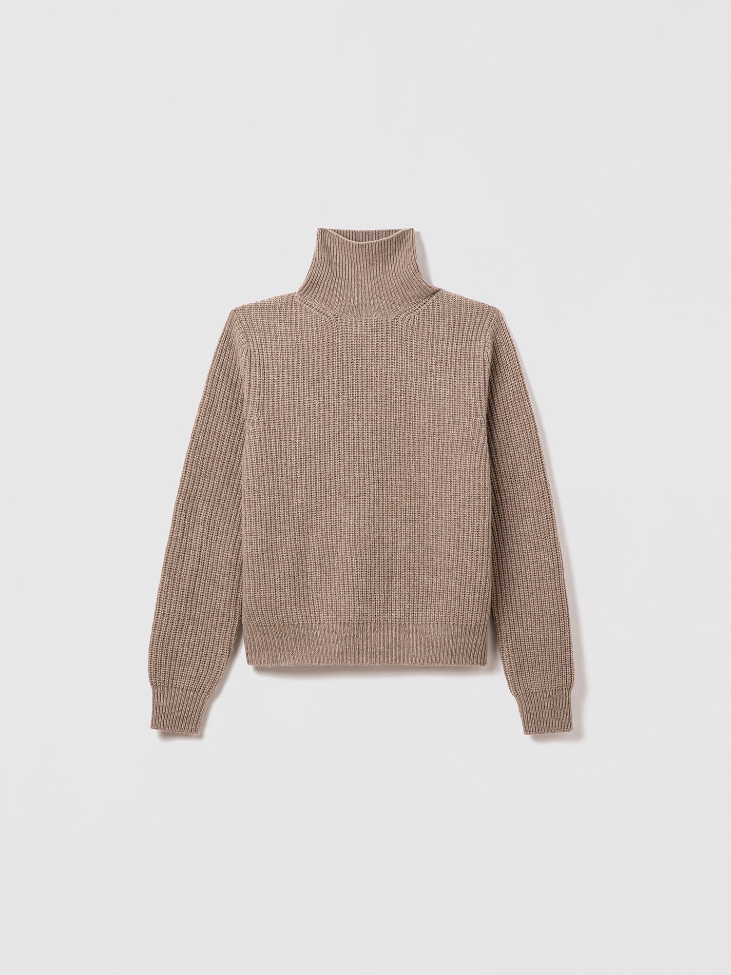 Taupe Corey turtleneck sweater by Judith & Charles, made from 70% wool and 30% cashmere, fisherman rib knit, style number 280-4156