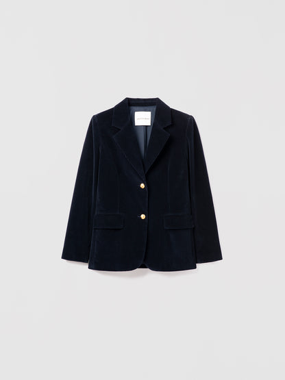 Judith & Charles navy stretch corduroy jacket with notch lapel, gold button closure, front flap pockets, and sleeve vents. Fully lined.