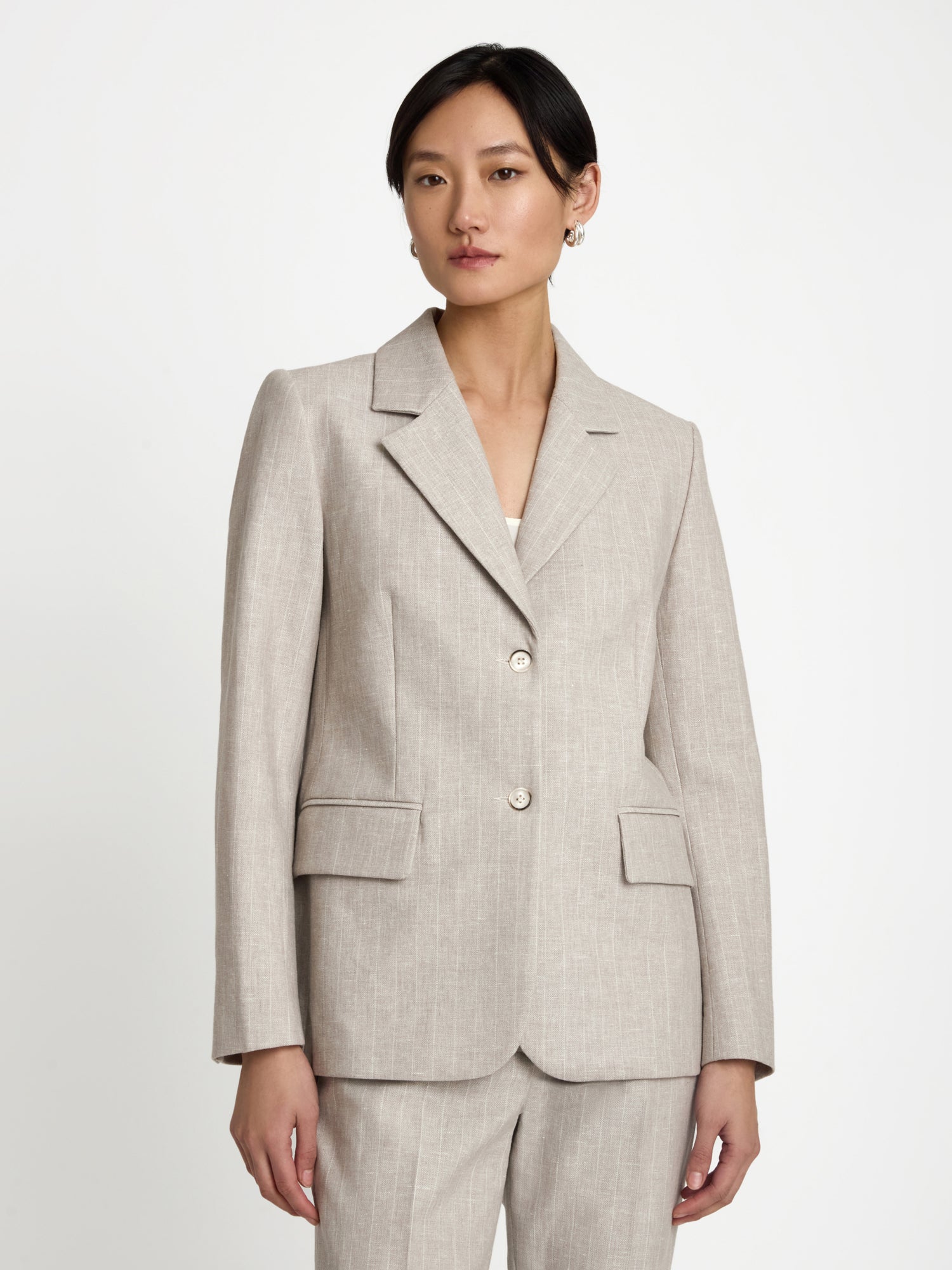 Judith and Charles Dax Jacket – Single-breasted jacket in striped cotton-linen with an easy fit, notch lapel, flap pockets, single back vent, and full lining; made in Portugal from Italian fabric, 27" back length (Style 704-1950).