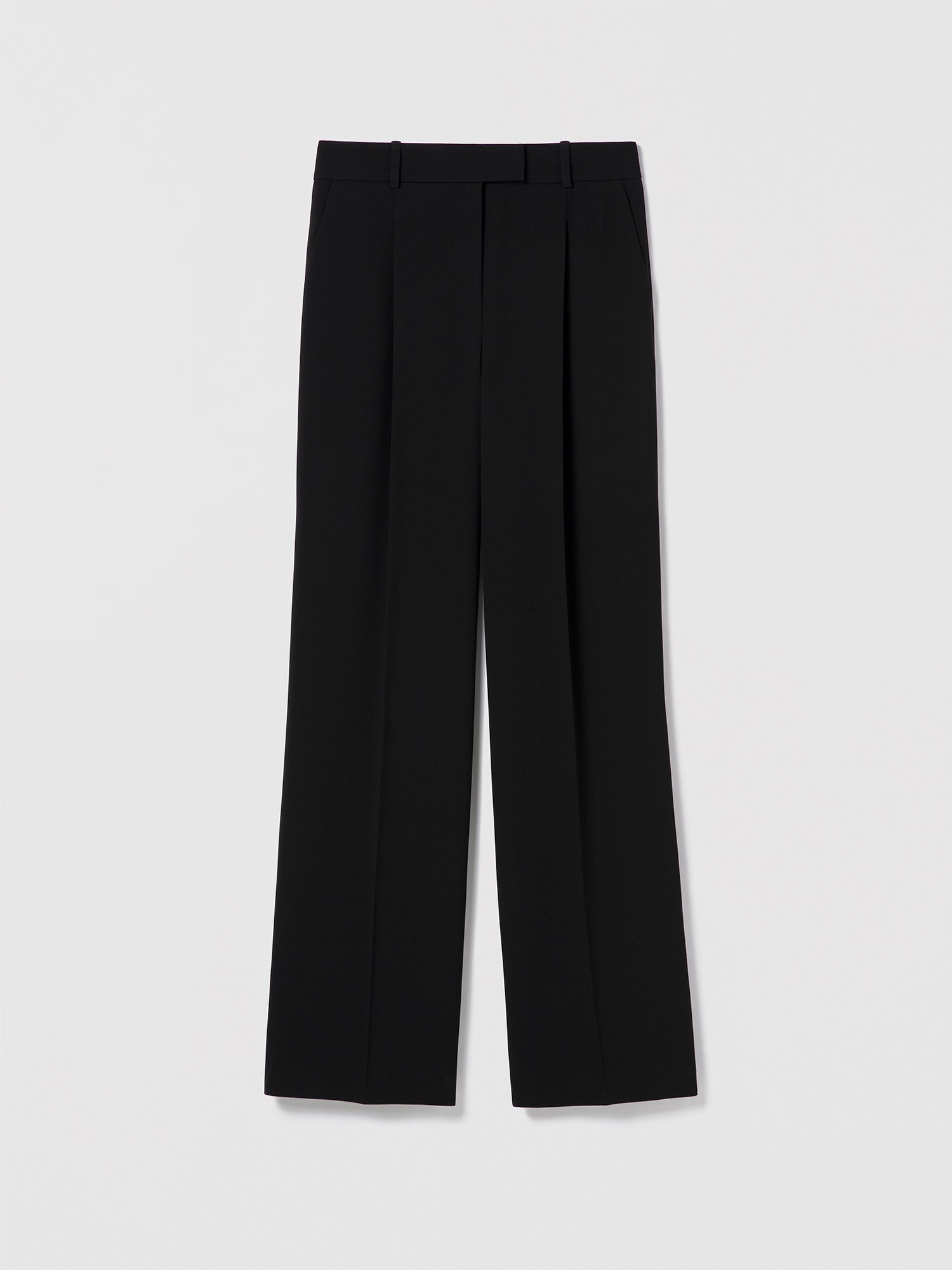 Black wide-leg pants in satin back crepe by Judith & Charles, featuring a mid-rise fit, slash and welt pockets, belt loops, and hook-and-eye closure. Unlined, 32.5-inch inseam. Made in Canada with Japanese fabric. Diego Pant.