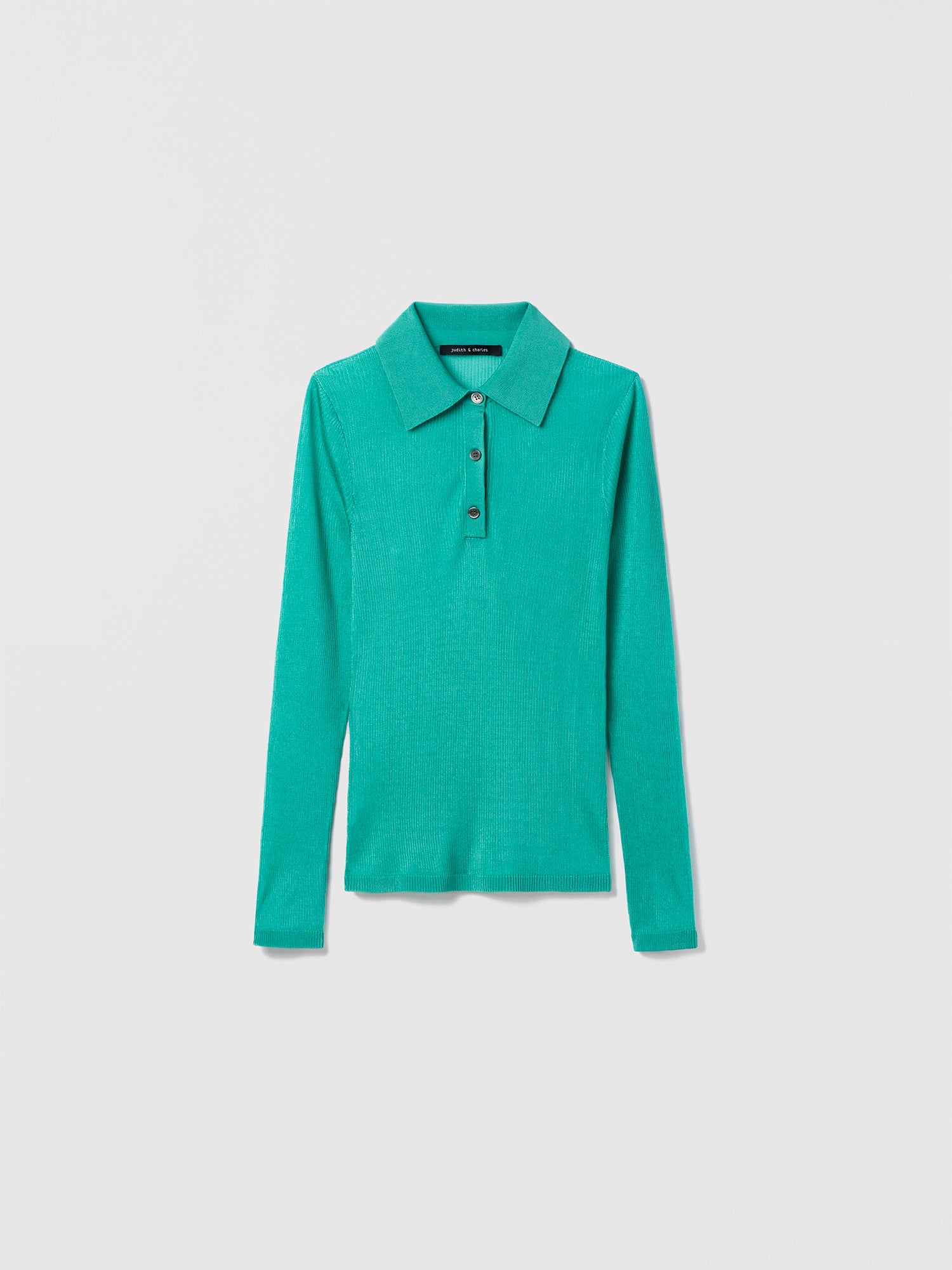 Judith and Charles Edem Polo – Long sleeve polo in fine sheer knit with polo collar and 1/2 placket button closure, crafted in 100% recycled viscose.