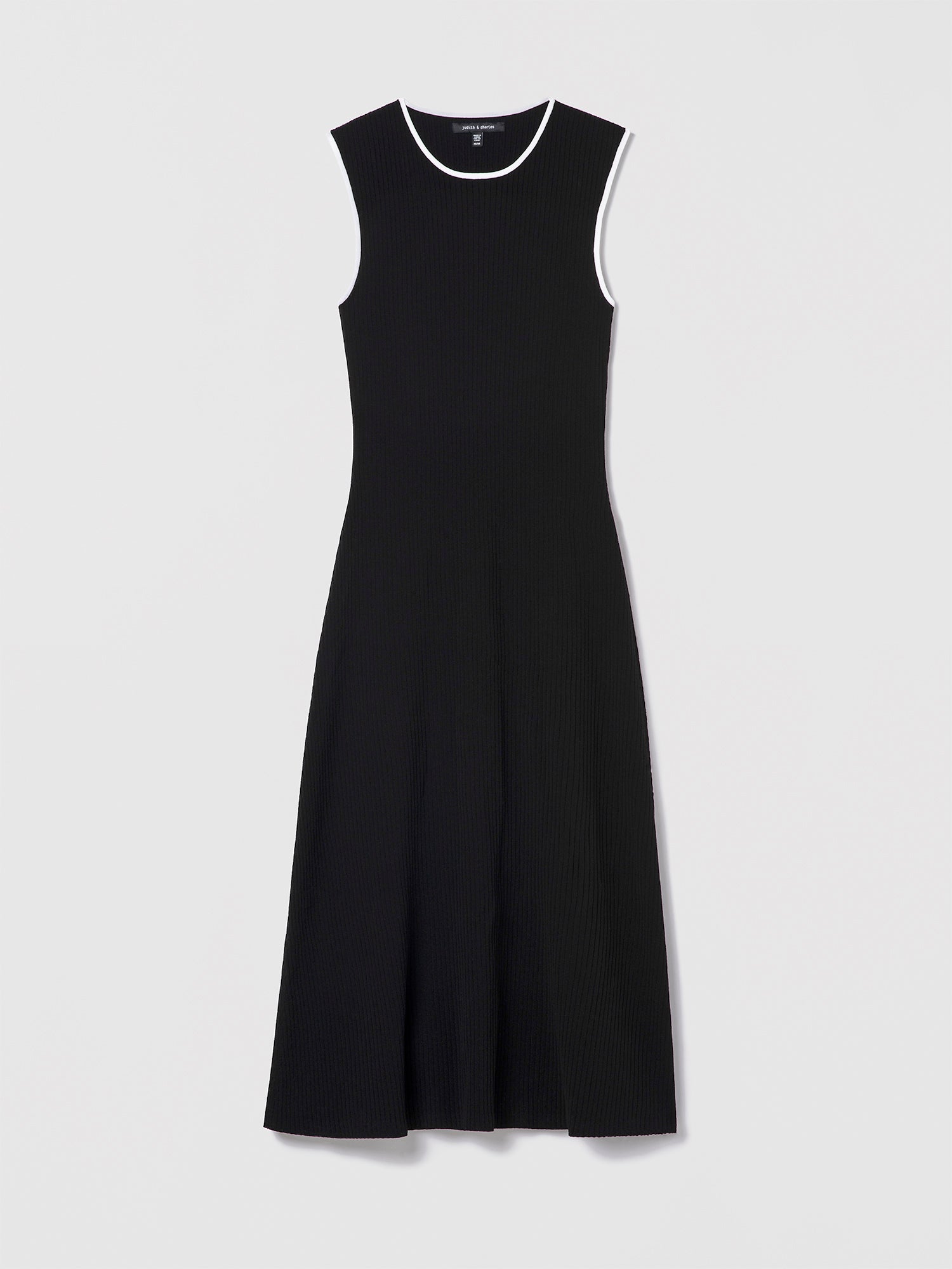 Sleeveless ribbed knit midi dress by Judith & Charles, featuring a crew neck and relaxed skirt, in black compact yarn. Style: Eliane, unlined, 75% viscose and 25% polyamide.