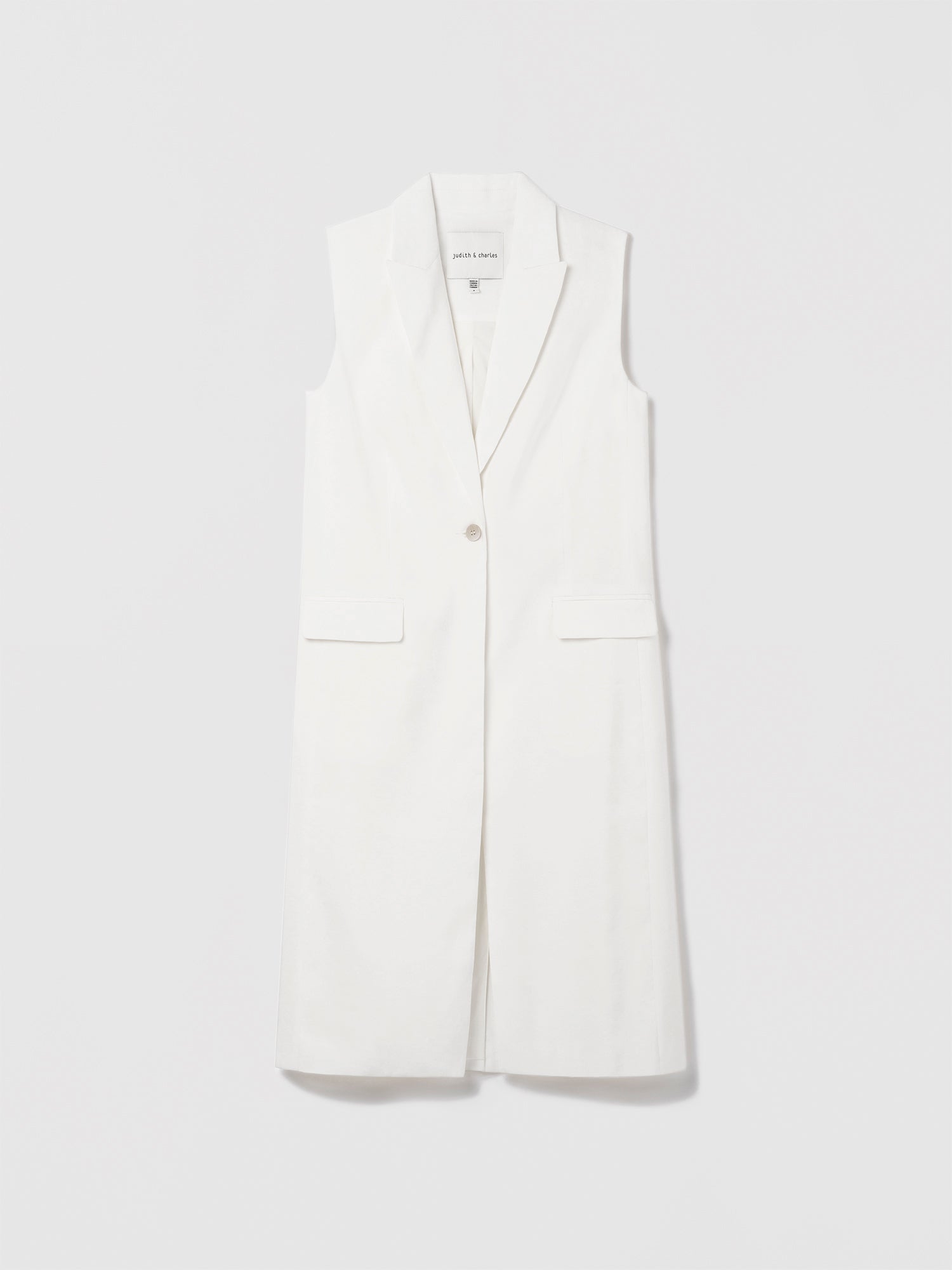 Judith and Charles  Ella Jacket – long one-button vest with peak lapel, flap pockets, double back vent; fully lined; made in Portugal from Italian fabric 