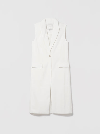 Judith and Charles  Ella Jacket – long one-button vest with peak lapel, flap pockets, double back vent; fully lined; made in Portugal from Italian fabric 