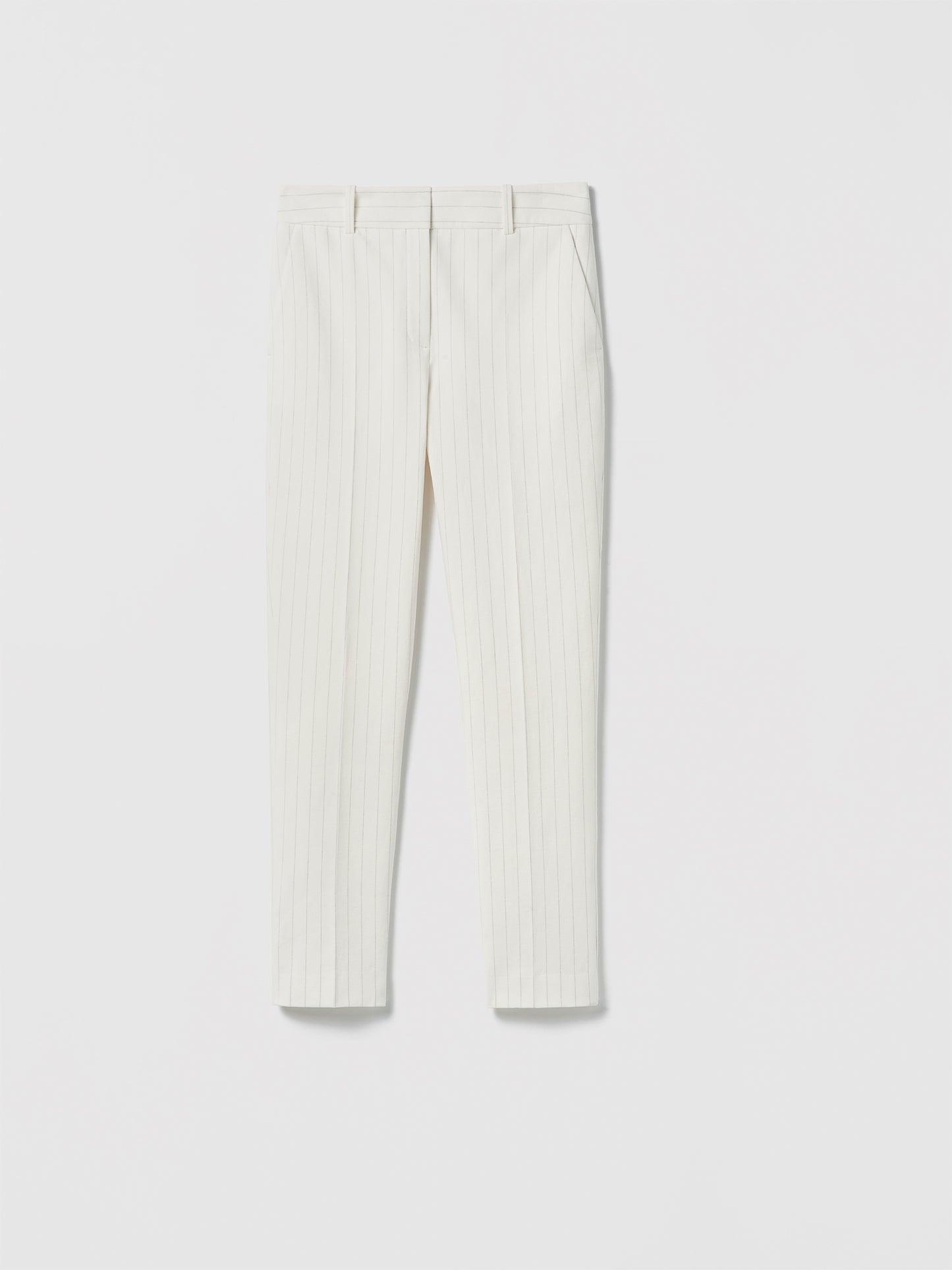 White striped pants on a light gray background