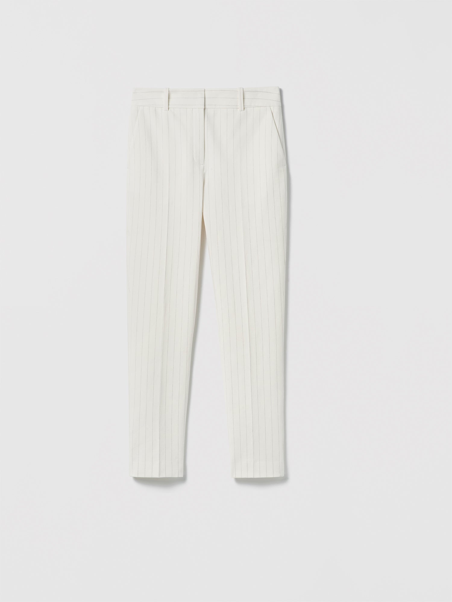 White striped pants on a light gray background