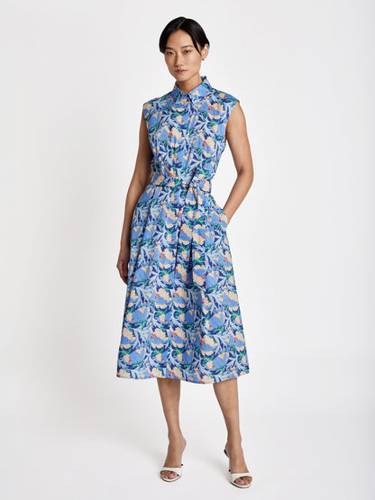 Judith and Charles Garda Dress – Cap sleeve shirt dress in Liberty print Poplin featuring a shirt collar, hidden placket button closure, side seam pockets, and belted waist; unlined, made in Canada from 100% cotton Italian fabric .