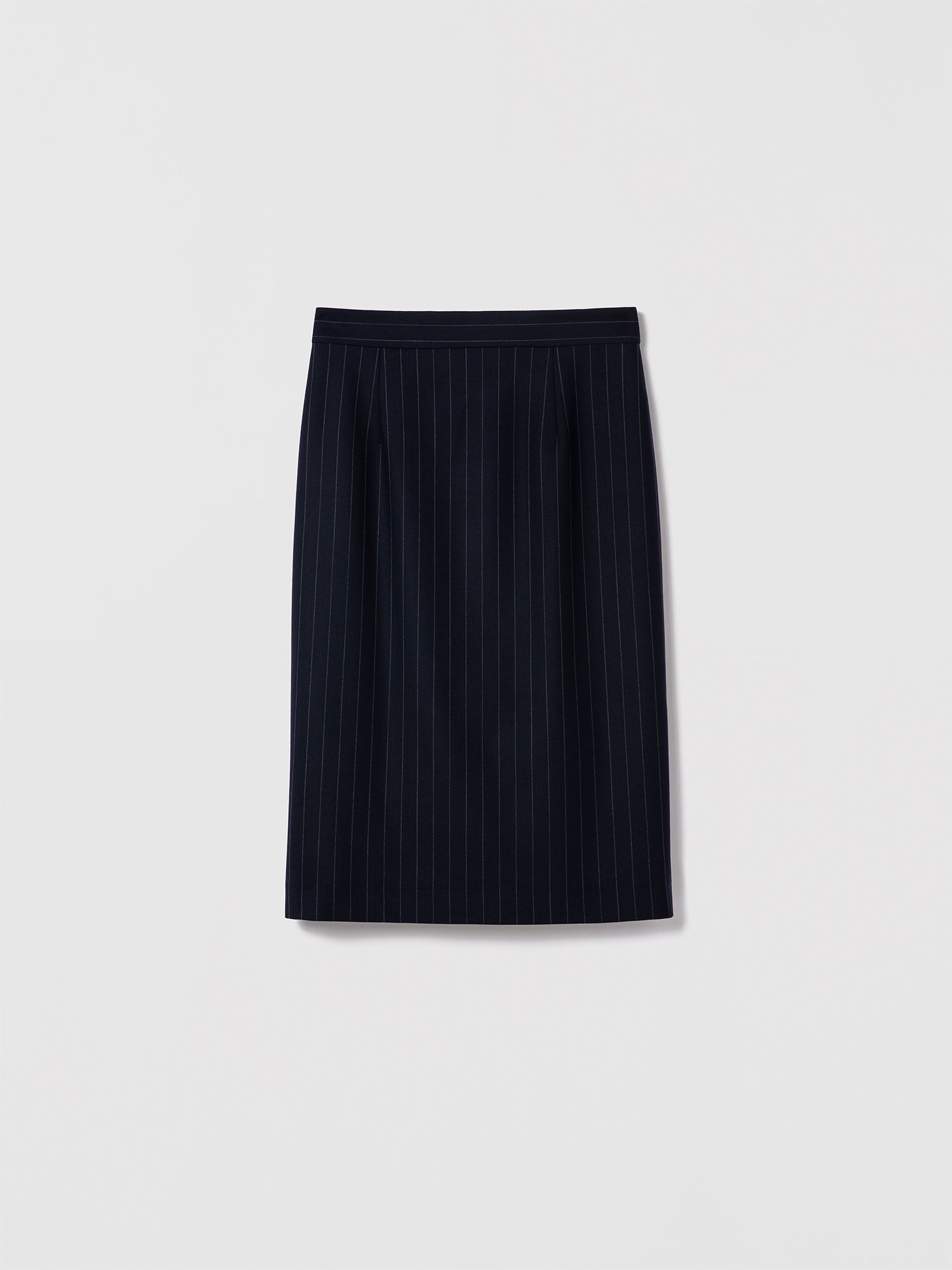 Judith & Charles navy pinstripe pencil skirt with clean waist, invisible back zipper, and back slit. Fully lined, made in Canada in stretch suiting fabric.