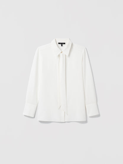 Silk white blouse with a removable self tie and button closure shown in a clean, lightweight silhouette.