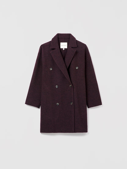 Judith & Charles dark cherry colored double-breasted boiled wool coat, made in Canada.