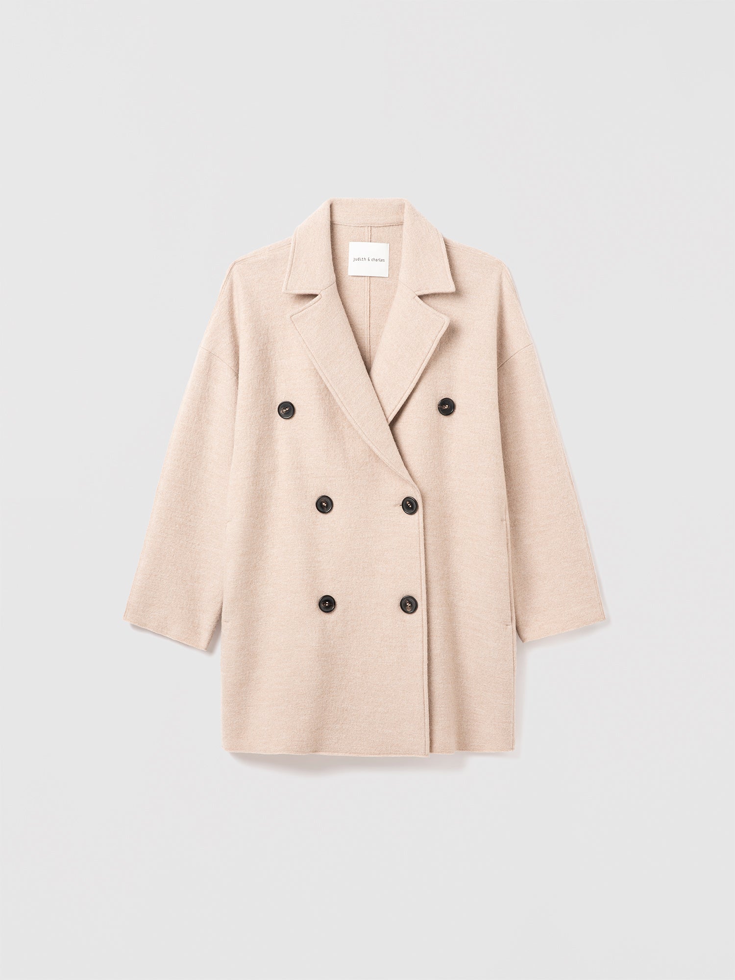 Judith & Charles wheat-colored double-breasted boiled wool coat, made in Canada.