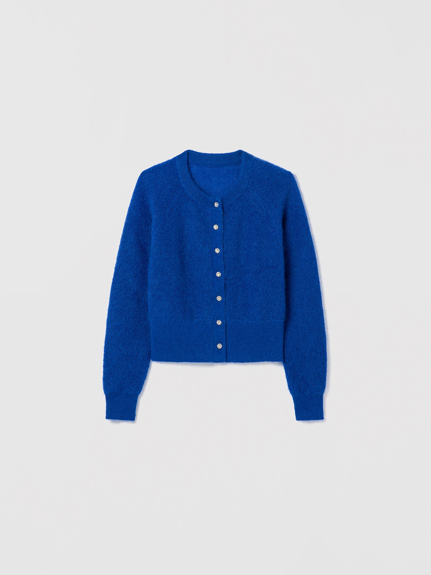 Bright blue Idina-b cardigan by Judith and Charles in mohair knit with crew neckline and embellished front button closure, made from Italian fabric