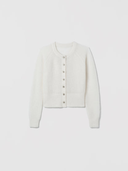 Off White Idina-b cardigan by Judith and Charles in mohair knit with crew neckline and embellished front button closure, made from Italian fabric