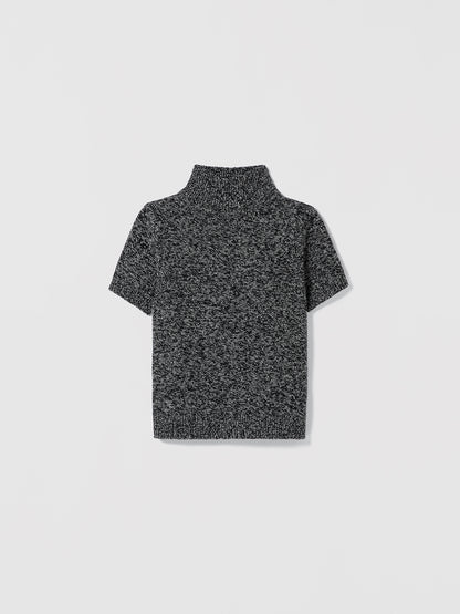 Fitted short sleeve mock neck sweater in extrafine Italian wool, color Black/Off White by Judith and Charles, style code 249-4160"