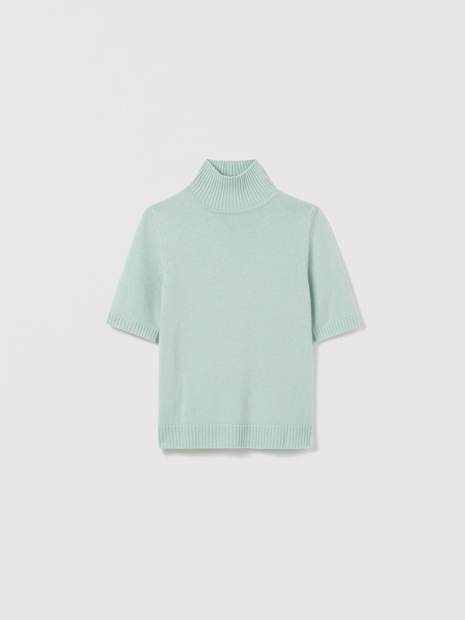 Light sage Jenn short sleeve mock neck sweater by Judith & Charles, made from 70% wool and 30% cashmere, style number 280-4159