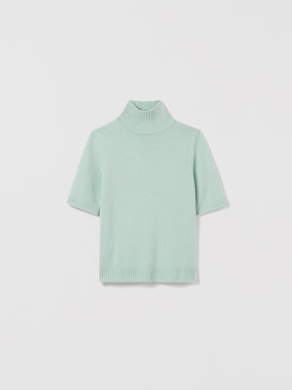 Light sage Jenn short sleeve mock neck sweater by Judith & Charles, made from 70% wool and 30% cashmere, style number 280-4159